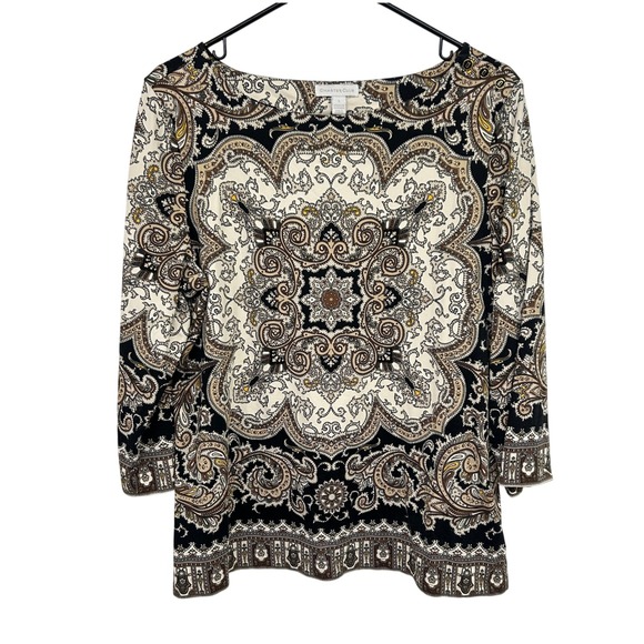 Charter Club Tops - Paisley Medallion‎ Knit Top L Black Cream Scarf Print Boho Old Money Equestrian